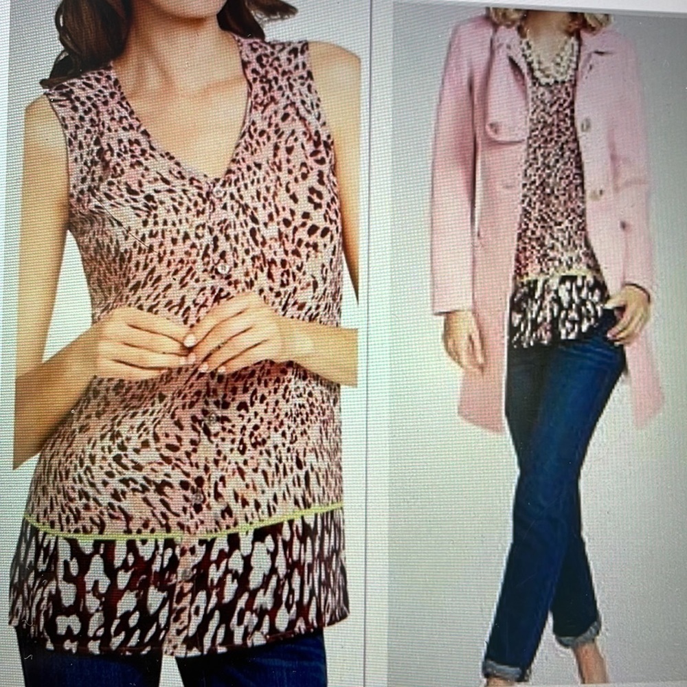 Cabi Beguile Sheer Pink Brown Animal Print Button Down Tunic Tank Size Small